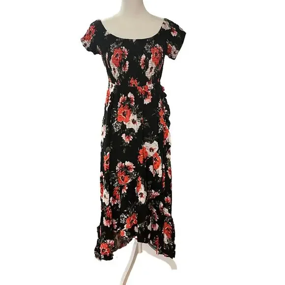 Torrid Black Floral Hi Lo Off Shoulder Dress Size 00 - Picture 4 of 11